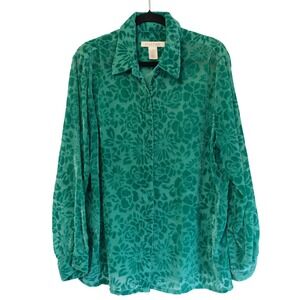Vtg 90s Womens Emerald Green Floral Devore Burnout Velvet Sheer Blouse Top XL